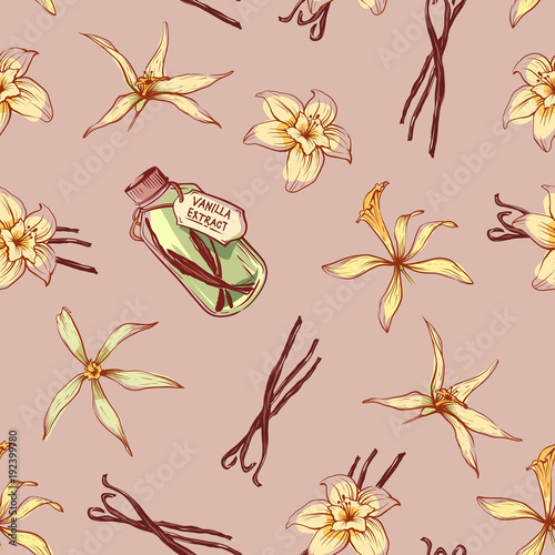 Natural vanilla spice seamless pattern. Exotic asian spice for dessert or parfum industry vector illustration. Vanilla flower sticks, leaves and extract oil bottle isolated on brown background.