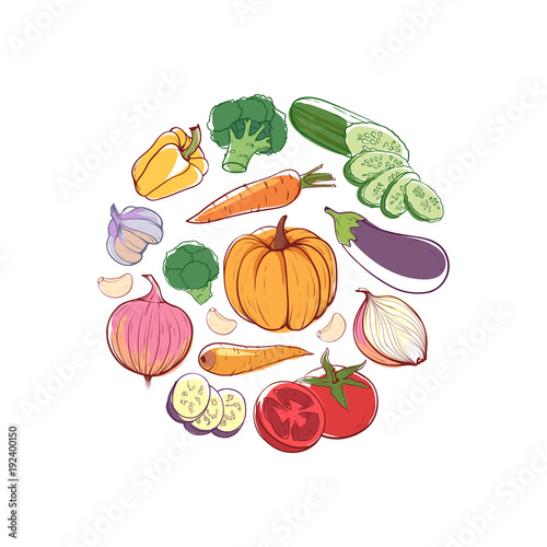 Vegan food round concept with fresh vegetables. Carrot  pumpkin  cucumber  onion  pepper  tomato  eggplant  garlic vector illustration. Natural organic farming  healthy vegetarian nutrition poster.