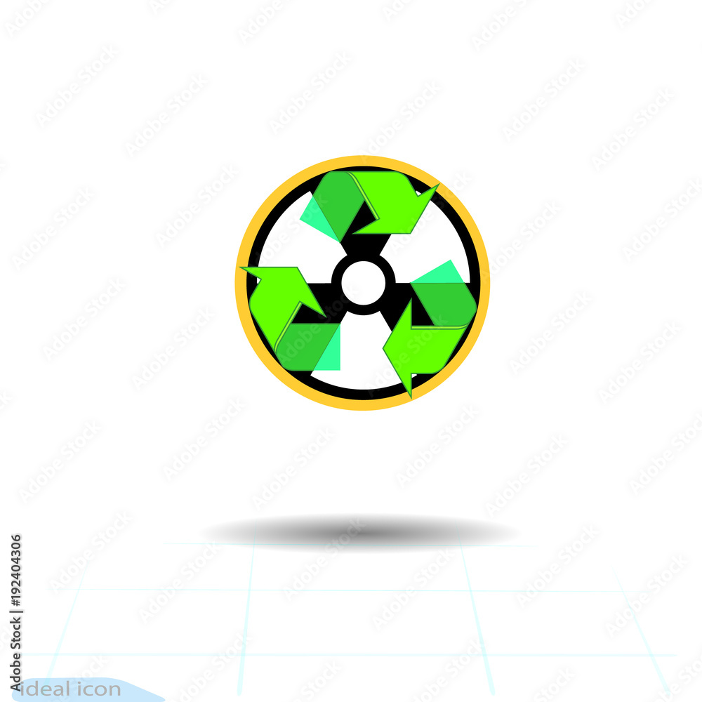 Radioactive waste recycling vector icon. Recycle arrows ecology symbol. Recycled cycle arrow eco. Logotype garbage recycle concept. Hazardous waste recycling poster and icons. Radioactive waste recycling vector icon. Recycle arrows ecology symbol. Recycled cycle arrow eco. Logotype garbage recycle concept. Hazardous waste recycling poster and icons.