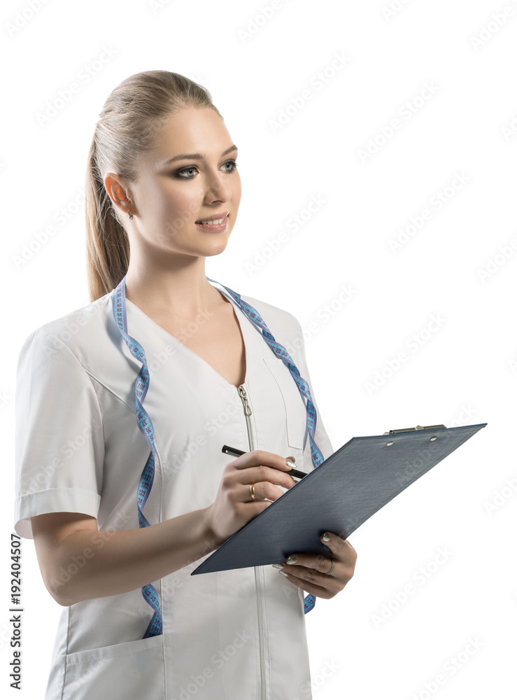 Nutritionist in white uniform with pen and folder Nutritionist in white uniform with pen and folder
