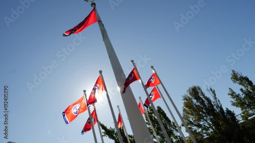 View of TN State flags in Bicentennial capitol mall state park tilt up