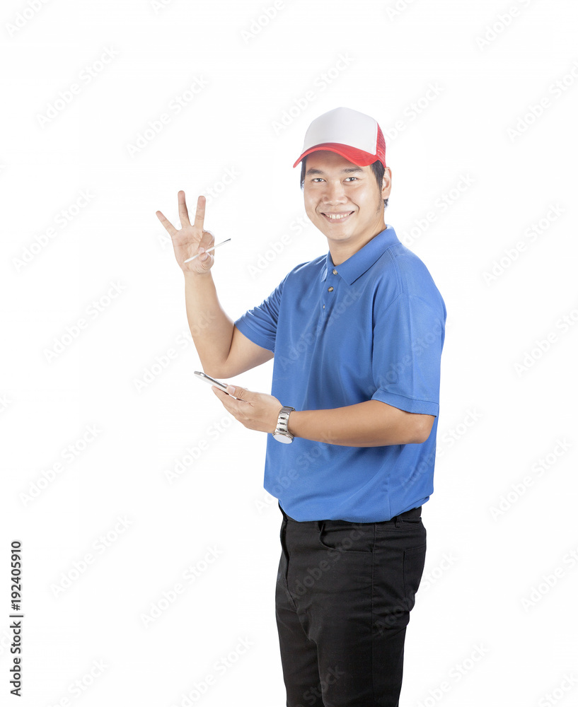 working man with smart phone and writing pen tool in hand toothy smiling face isolate white background working man with smart phone and writing pen tool in hand toothy smiling face isolate white background