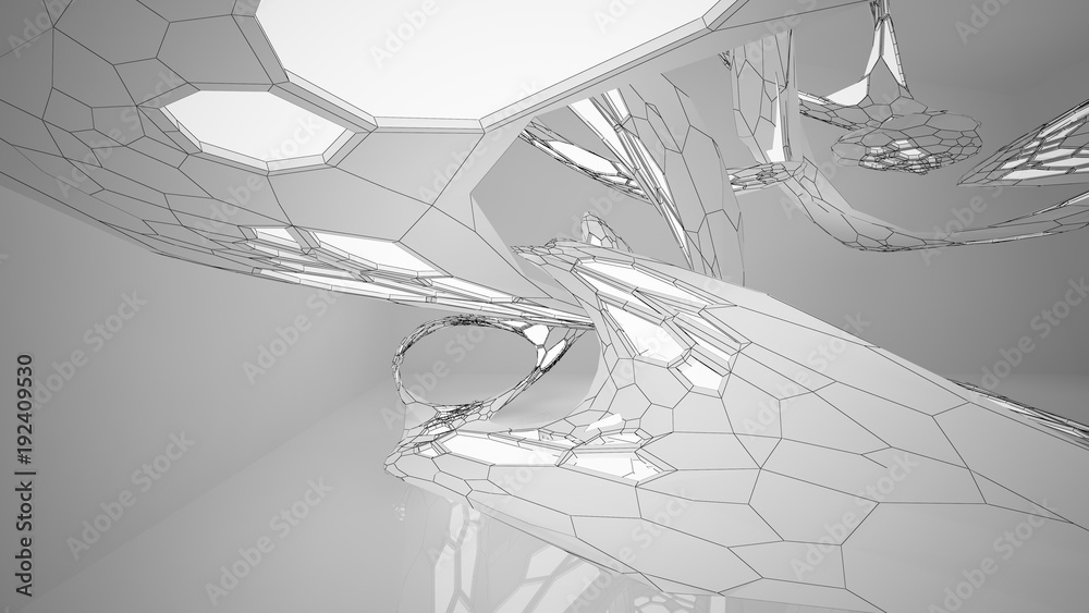 Abstract drawing white parametric interior. Polygon black drawing. 3D illustration and rendering.