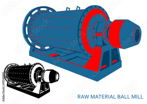 raw material ball mill (isolated color blue-red and monochrome graphic image, 3\4 in perspective)