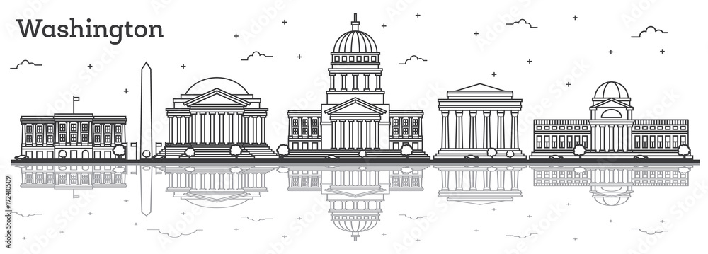 Outline Washington DC USA City Skyline with Modern Buildings and Reflections Isolated on White. Outline Washington DC USA City Skyline with Modern Buildings and Reflections Isolated on White.