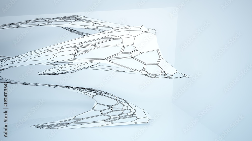 Fototapeta premium Abstract drawing white parametric interior with window. Polygon colored drawing. 3D illustration and rendering.