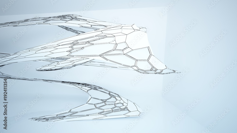 Abstract drawing white parametric interior  with window. Polygon colored drawing. 3D illustration and rendering.