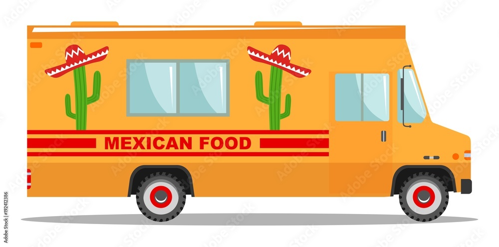 Flat design vector cartoon colorful illustration of food truck. Traditional  Mexican street cuisine. Auto restaurant, mobile kitchen, hot fastfood,  spicy food. Burrito, taco, nacho. Stock Vector | Adobe Stock