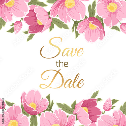 Spring floral garland foliage top bottom decoration. Save the date text placeholder. Wedding marriage event invitation. Pink purple anemone hellebore flowers bouquet.