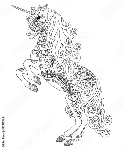 Unicorn. Hand drawn fantasy horse. Sketch for anti-stress adult coloring book in zen-tangle style. Vector illustration for coloring page.