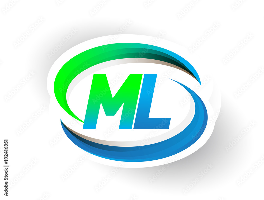 initial letter ML logotype company name colored blue and green swoosh ...