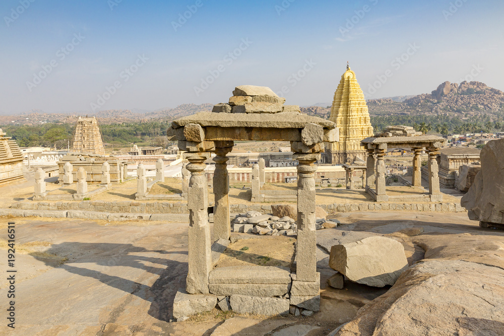 Hemakuta hill temples against Virupaksha temple, Hampi, Karnataka, India