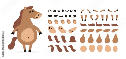 Cartoon horse creation set. Icons with different faces, hair, hand, feet, face, body, emotions, views, gestures isolated on white background. Vector elements for character animation