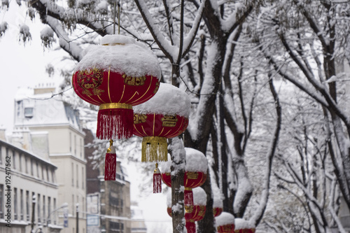 Christmas china tree covered with snow near the eiffel tower in paris © FreeProd