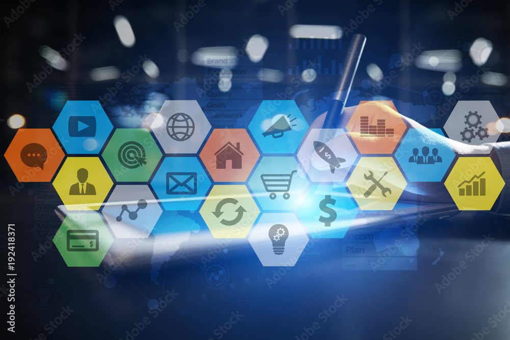 Colored applications icons and graphs on virtual screen. Business, internet and technology concept. Colored applications icons and graphs on virtual screen. Business, internet and technology concept.