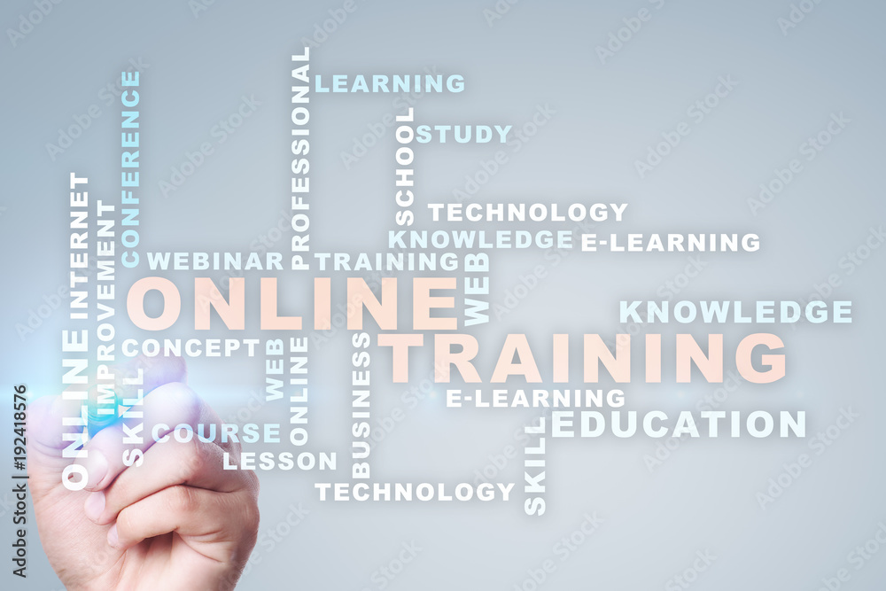 Online training on the virtual screen. Education concept. Words cloud. Online training on the virtual screen. Education concept. Words cloud.