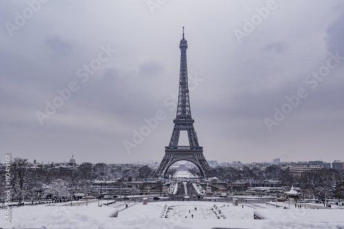 Eiffel Tower  Snowy day in Paris