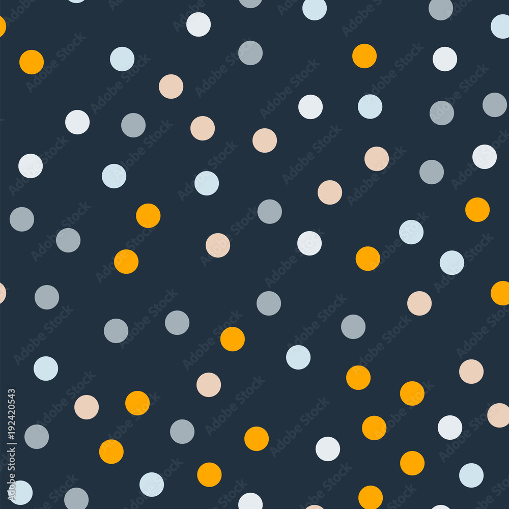 Colorful polka dots seamless pattern on bright 7 background. Magnetic classic colorful polka dots textile pattern. Seamless scattered confetti fall chaotic decor. Abstract vector illustration. Colorful polka dots seamless pattern on bright 7 background. Magnetic classic colorful polka dots textile pattern. Seamless scattered confetti fall chaotic decor. Abstract vector illustration.