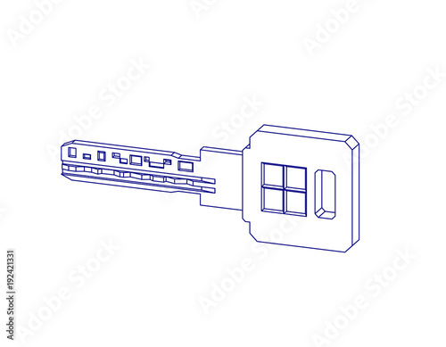 Key. Isolated on white background.Vector outline illustration. Dimetric projection.