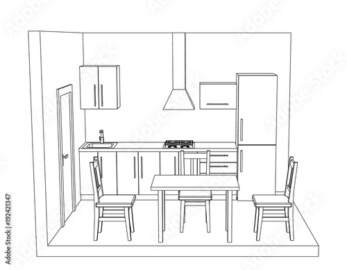 Interior kitchen room on white background. Vector outline illustration.