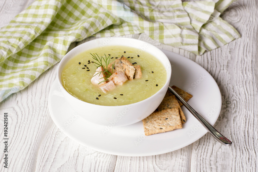 Delicious vegetable soup with potato, broccoli, green beans