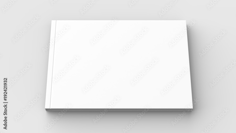 Horizontal - landscape hardcover brochure, book or catalog mock up isolated on soft gray background. 3D illustrating. Horizontal - landscape hardcover brochure, book or catalog mock up isolated on soft gray background. 3D illustrating.