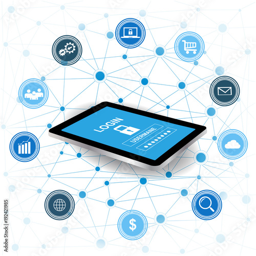Cyber Security concept.Tablet with security protection and icons for web.Internet security. Protected computer networks 