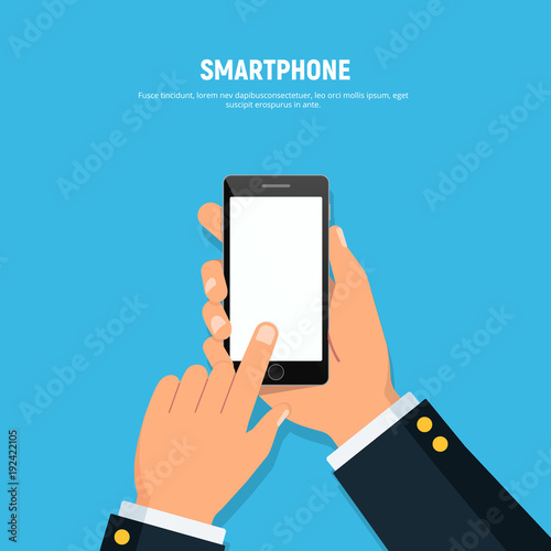 Close-up of person hands holding phone. Blank screen phone. Mockup with phone in flat style.Vector illustration.