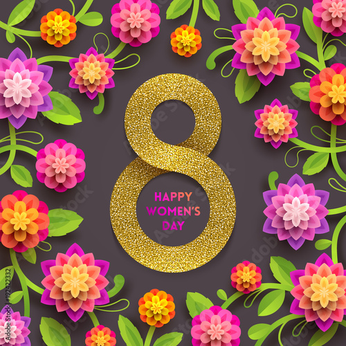 8 March International women's day greeting card - glitter gold paper in the shape of sign eight and flowers background. Vector illustration.