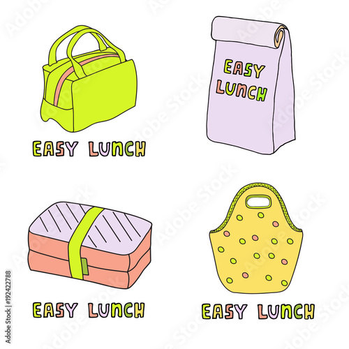 Lunch boxes, lunch bags vector sketch. Cute cartoon hand drawn take away pack illustration.