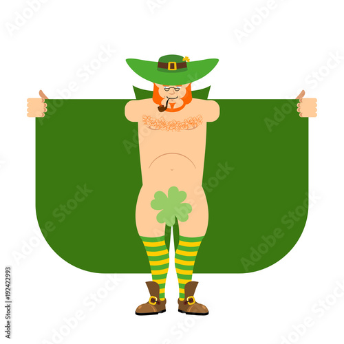 Leprechaun exhibitionist and Shamrock. St Patricks Day for adults. Irish holiday Vector illustration