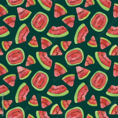 Trendy fruit pattern. Artistic Watermelon background. Watercolor watermelon seamless pattern. Hand painted texture with summer fruit on white background. Healthy food wallpaper design  juice label.