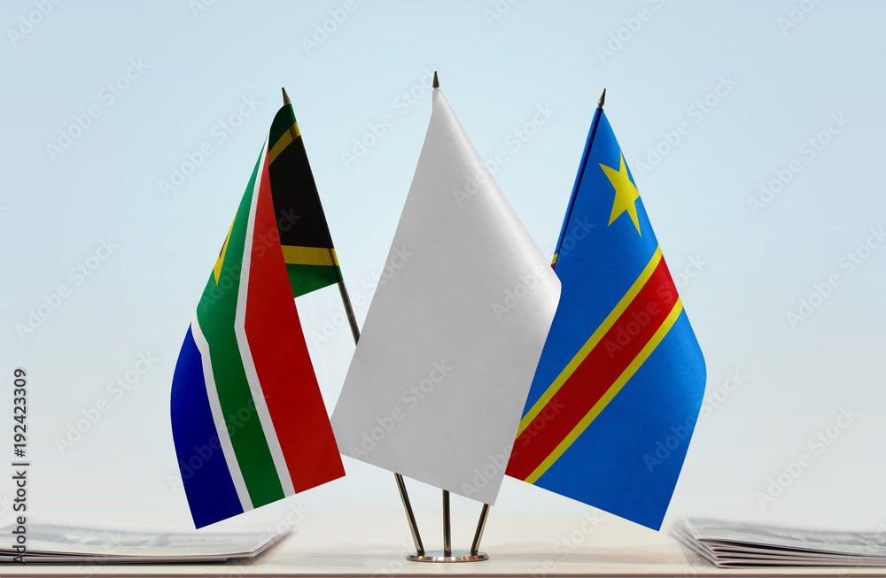 Flags of Republic of South Africa and Democratic Republic of the Congo (DRC, DROC, Congo-Kinshasa) with a white flag in the middle