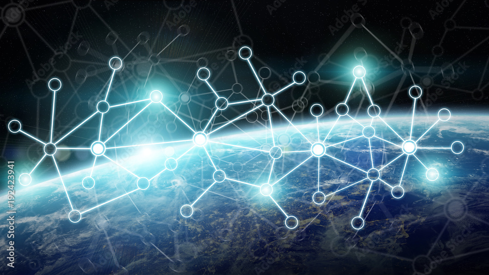 Connections system and datas exchanges on planet Earth 3D rendering