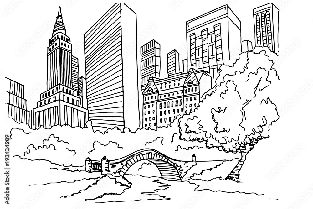 Hand drawn sketch of Central park in New York city. เวกเตอร์สต็อก