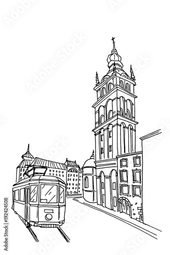 Vector sketch of street scene in Lviv, Ukraine. photo