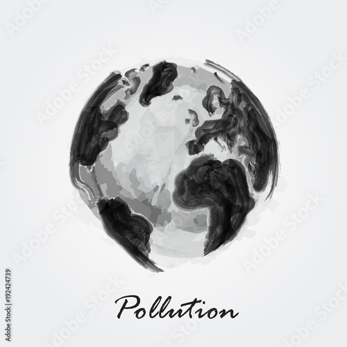 Pollution world . Watercolor painting design of world map . Ecological concept . Vector