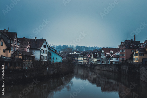 Cityscape with old, half-timbered buildings at winter in romantic medieval town of Schwäbisch Hall in Baden-Württemberg, Germany