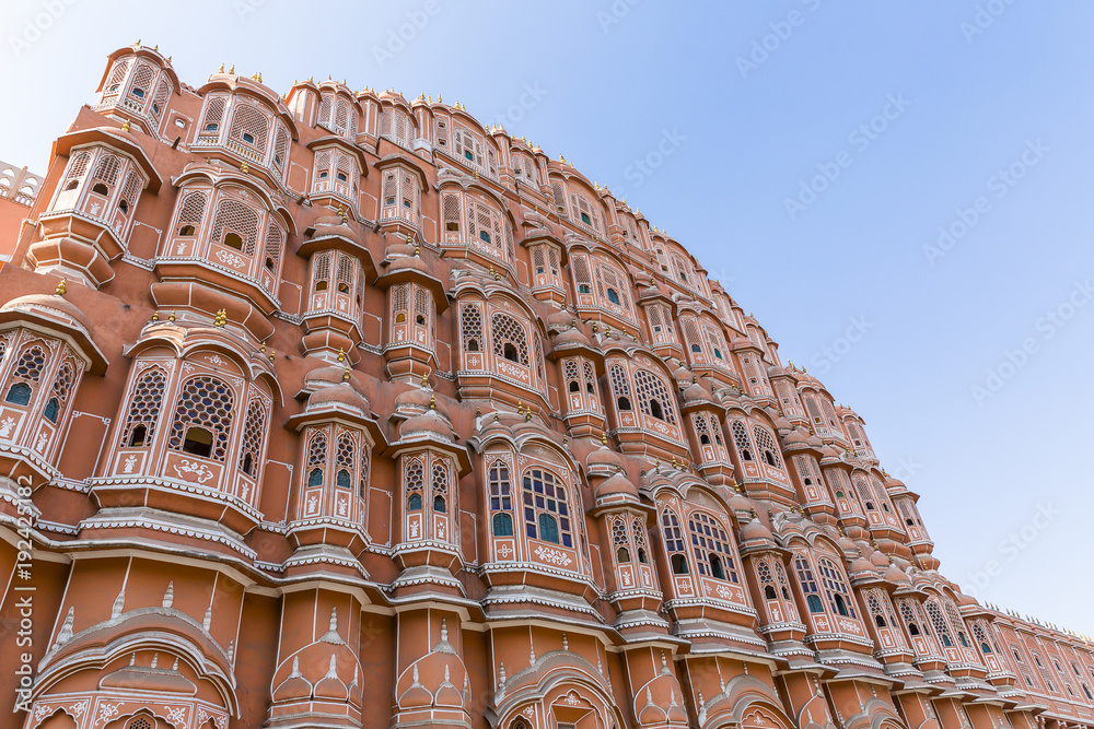detailed view of red and pink sandstone facade of Hawa Mahal, Palace of Winds, Palace of the Breeze, Jaipur, Rajasthan, India