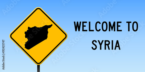 Syria map on road sign. Wide poster with Syria country map on yellow rhomb road sign. Vector illustration.