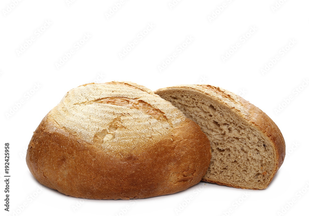 Loaf of wheat bread sliced in half isolated on white background