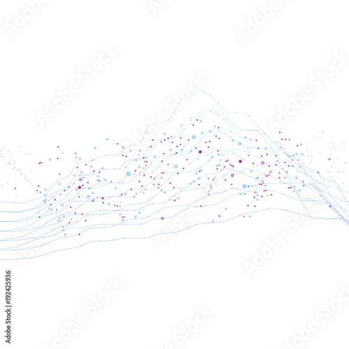 Big data stream futuristic infographic. Quantum computing, cryptography, trendy technologies infographic. Colorful particle wave. Bigdata visualization. Abstract visual data vector design