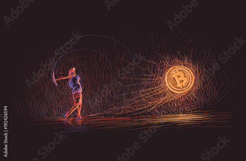 Bitcoin miner hits bitcoin coin causing it go upward illustration. Vector. 