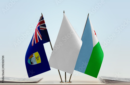 Flags of Saint Helena and Djibouti with a white flag in the middle