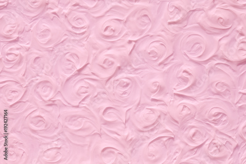 Floral pink background with roses. Texture of paint with patterns and divorces in the form of a plant template with petals, wedding composition.