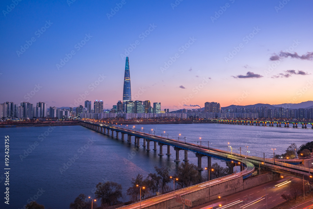 Seoul city skyline with view of Han River in South Korea