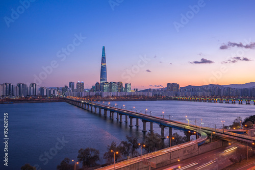 Seoul city skyline with view of Han River in South Korea