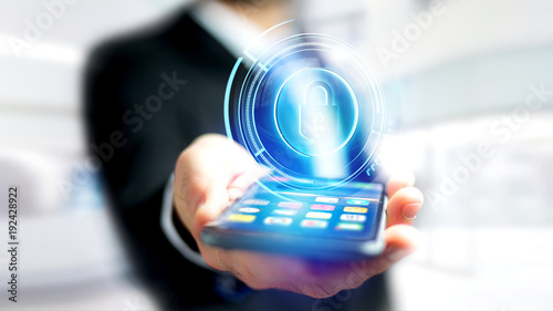 Businessman using a smartphone with a Shinny technologic locker security button - 3d render