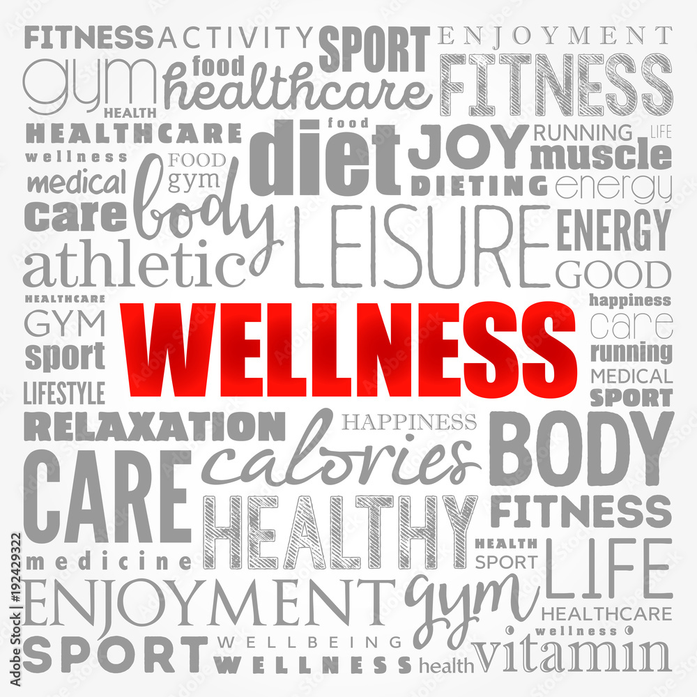 Wellness word cloud collage, health concept background