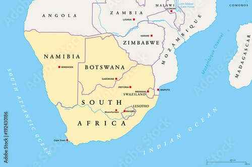 Southern Africa region political map. Southernmost region of African continent. South Africa, Namibia, Botswana, Swaziland and Lesotho. With capitals and borders English labeling. Illustration. Vector